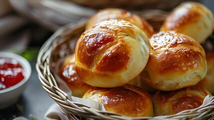 A close up of a basket filled with freshly baked rolls and a small bowl of red jam on the side