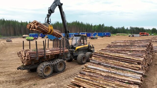 Unloading felled timber with a forwarder loader. .Deforestation