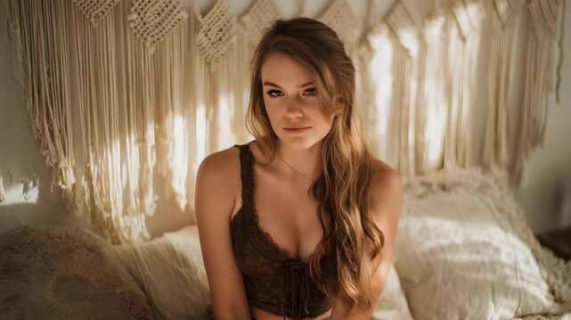 Woman in a lace bralette sits on a bed with macrame wall hanging and soft, warm lighting.