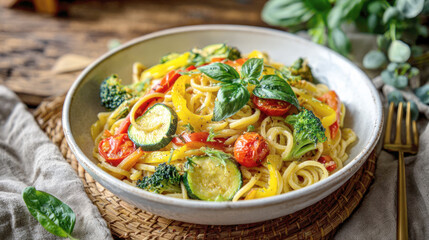 Linguine Primavera Perfection: Close-up of a Vibrant, Delicious Bowl of Italian Pasta Tossed with Fresh, Colorful Spring and Summer Vegetables Zucchini, Broccoli, Roasted Tomatoes, Yellow Bell Pepper