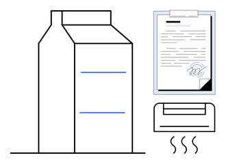 Milk carton-shaped printer, signed document, printing paper, and steam highlight organized paperwork. Ideal for workflow, productivity, office work, contracts, agreements documentation simple flat