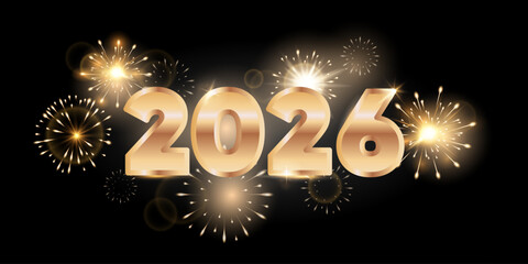 New Year 2026 celebration design with golden 3D numbers and fireworks on a black, for greeting cards, banners, posters, digital invitations, event promotions, social media, festive marketing. Vector