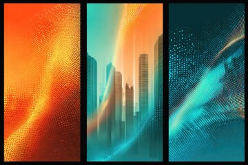 Three abstract vertical panels with gradient colors, textures, and a city silhouette in the middle