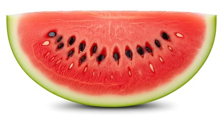 Fresh juicy red watermelon slice with black seeds isolated on white background. Ripe summer fruit wedge closeup. Healthy eating concept