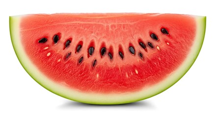 Fresh juicy red watermelon slice with black seeds isolated on white background. Ripe summer fruit wedge closeup. Healthy eating concept