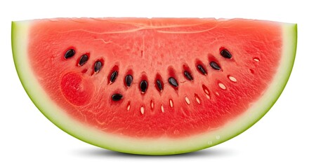 Fresh juicy red watermelon slice with black seeds isolated on white background. Ripe summer fruit wedge closeup. Healthy eating concept