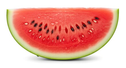 Fresh juicy red watermelon slice with black seeds isolated on white background. Ripe summer fruit wedge closeup. Healthy eating concept