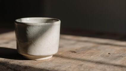 A small, ceramic cup sits on a weathered wooden surface with strong sunlight casting shadows