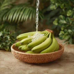 Fresh Green Bananas in Woven Basket with Water Splash on Rustic Table Background