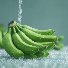 Fresh Green Bananas Under Running Water with Water Droplets and Healthy Vibes