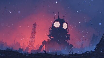 Abstract illustration of a futuristic structure with glowing eyes at night under a starry sky