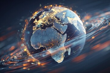A digitally rendered globe with glowing cities and swirling light trails, representing a network