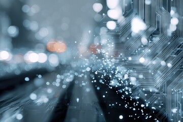 Abstract image showing blurred lights, streaks, and a circuit board design overlay