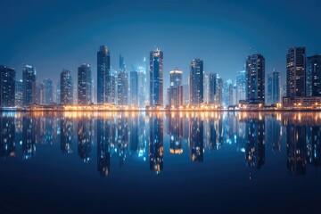 Fototapeta premium Night cityscape showcasing illuminated skyscrapers mirrored in tranquil water