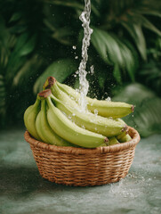 Fresh Green Bananas in a Woven Basket with Water Splashing Over Them
