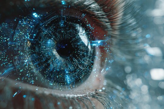 Close-up of a human eye with blue circuits overlayed within the iris, sparking technology