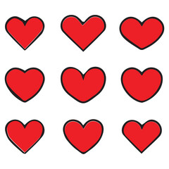 Heart icon set, red heart and black outline design, love valentine day vector set sign and symbol, 