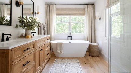 modern farmhouse bathroom full view, freestanding white tub, oak vanity, linen curtains, black fixtures, warm wall sconces