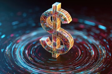Glowing dollar symbol swirls amidst concentric glowing lines, suggesting finance and digital technology