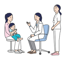 患者を診察する医者と看護師のシンプルイラスト素材