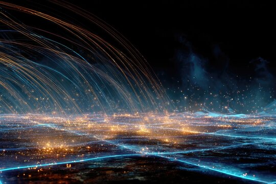 Abstract digital design with glowing arcs over a network-like surface against a dark backdrop