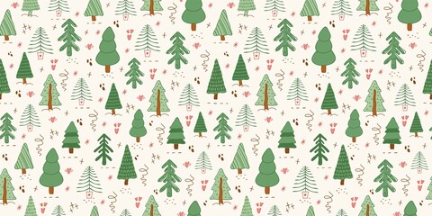 seamless pattern, Fir tree, stars, dots, snow,  line drawing,  pink design, elements are isolated on white background. Simple conceptfor winter season cards, for  party banner, print. art illustration