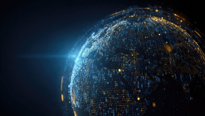 Digital representation of Earth glowing in shades of blue and gold against a dark background