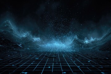 Futuristic abstract landscape with a grid ground, ethereal clouds, and sparkling particles