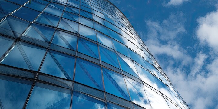 Low-angle view of a modern, curved glass skyscraper with reflections against a bright blue sky