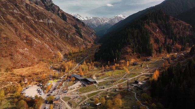 Aerial view panorama of yellow autumn forest in Almaty