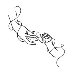 one continuous line drawing of hand reaching pet paw - care and bond
