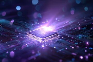 Futuristic rendering of a central processing unit glowing intensely, surrounded by circuit board details