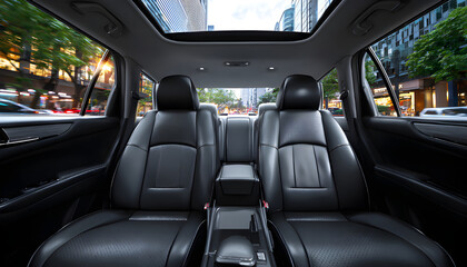 Modern car interior with black leather seats and a blurred cityscape outside.