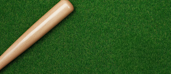 Wooden baseball bat on healthy green grass background, a symbol of sport, competition, and outdoor summer activities