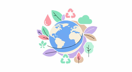 Fototapeta premium Sustainable planet illustration with Earth surrounded by eco-friendly symbols, representing global environmental protection, conservation, and ecological harmony for a brighter future