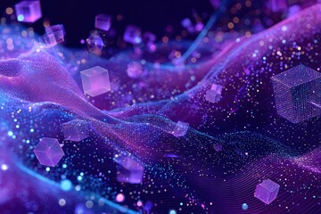Abstract digital art featuring floating cubes and a wavy, particle-based structure in blue & purple hues