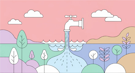 Conceptual illustration of water flowing from a tap, nourishing the landscape and replenishing natural bodies, symbolizing sustainable resource management and environmental preservation