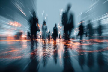 Blurry, blurred view of anonymous business people, urban environment, with motion blur