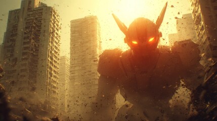 Giant robot stands amidst the ruins of a city with sun shining in the background