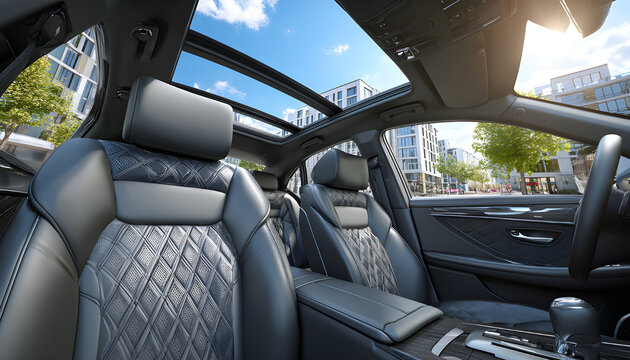 Luxury car interior with leather seats and panoramic sunroof.