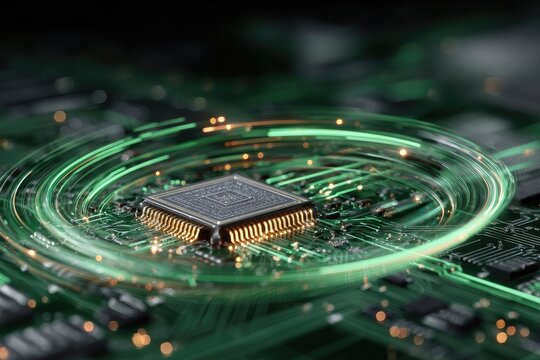 Futuristic depiction of a central processing unit on a circuit board with glowing energy rings