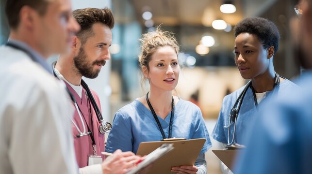 A group of doctors and nurses discusses patient care in a modern hospital setting. The doctors and nurses hold clipboards while exchanging important information about their patient - Powered by Adobe