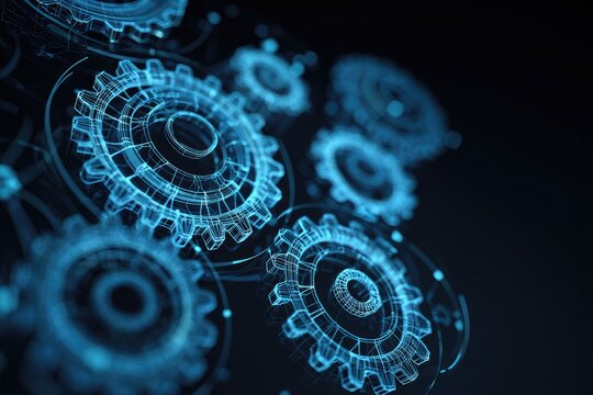 Digital gears in a blue glow against a dark background, depicting technology and engineering