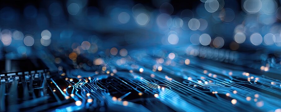 Abstract close-up of blue glowing circuit board with blurred lights in background