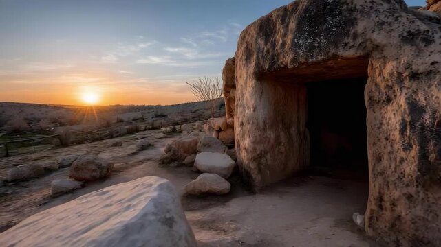 Desert rock shelter carved into a weathered cliff at sunset, with large boulders and an expansive orange sky.