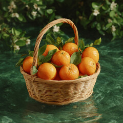 Fresh Oranges in a Basket Surrounded by Green Foliage on a Calm Water Surface
