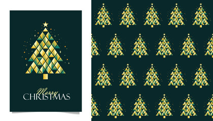 Elegant Merry Christmas Greeting Card and Seamless Pattern with Geometric Golden Christmas Tree on Dark Green Background Luxury Modern Holiday Illustration for Festive Decoration, Winter, and Seasonal