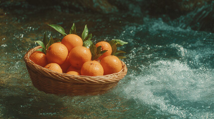 Fresh Oranges in a Rustic Basket Surrounded by Clear Flowing Water