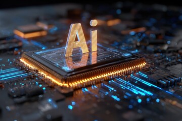 Gold "AI" text on a central processor, surrounded by glowing circuits and motherboard detail