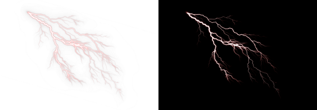 Thunderbolt discharge with natural taper and shock detail on a transparent background — cinematic Overlay for weather shots. Sharp PNG keeps filaments; nimble PNG fits reels.